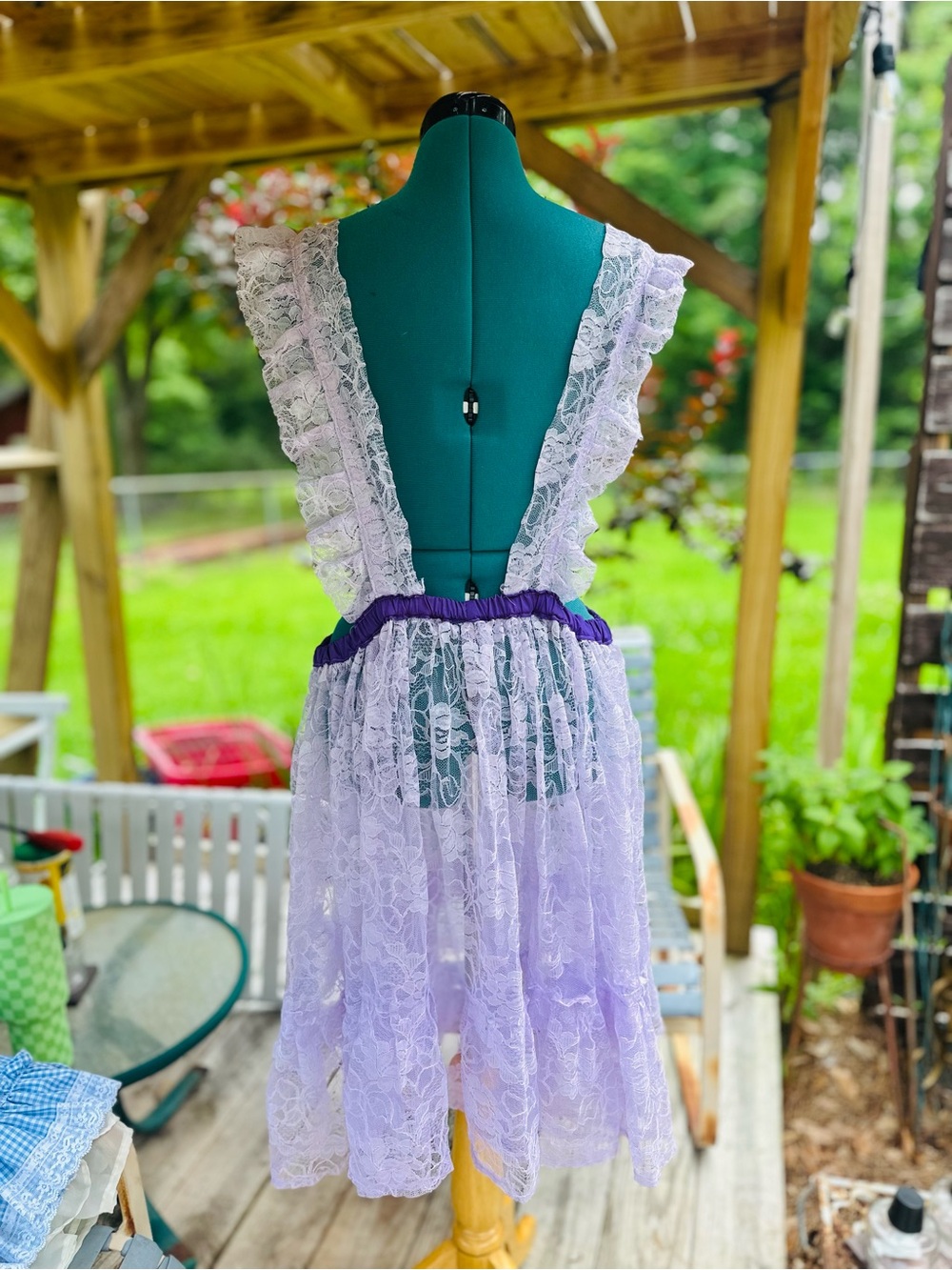 Vintage Prairie Apron Dress Purple Lace Cottagecore Pinafore Farmhouse Boho L - Picture 4 of 7